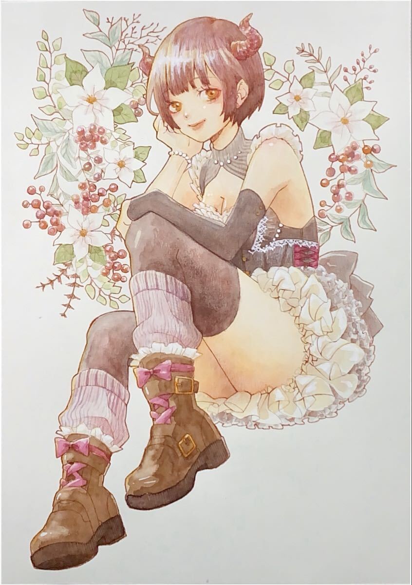 [A4 исходная картина ] ручные иллюстрации акварель девочка оригинал Рождество оборка 