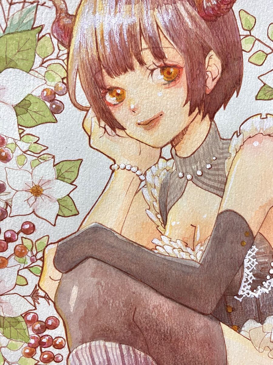 [A4 исходная картина ] ручные иллюстрации акварель девочка оригинал Рождество оборка 