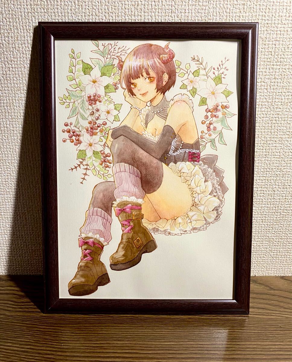 [A4 исходная картина ] ручные иллюстрации акварель девочка оригинал Рождество оборка 