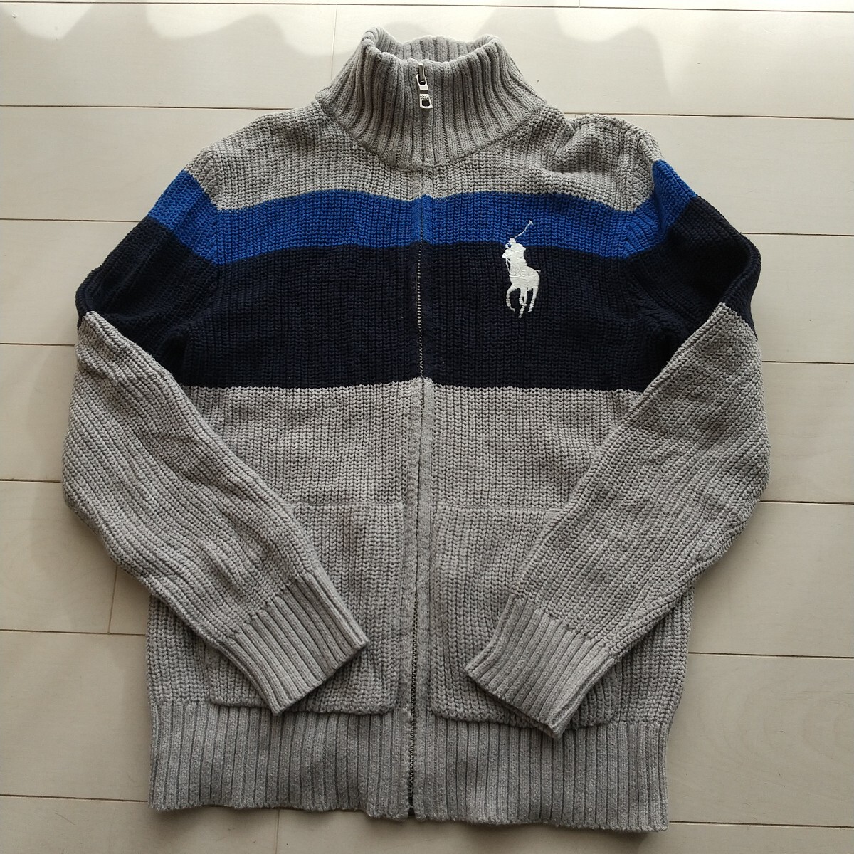 140 ポロラルフローレン キッズ ボーダー ビッグポニージップアップコットンニット グレー_画像1
