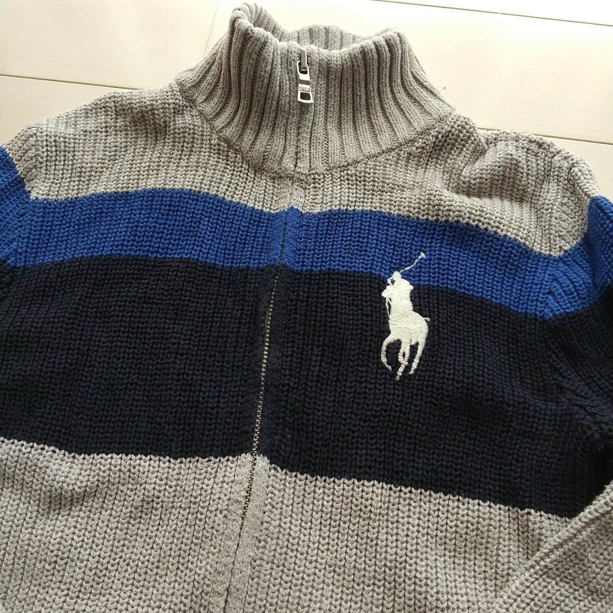 140 ポロラルフローレン キッズ ボーダー ビッグポニージップアップコットンニット グレー_画像2