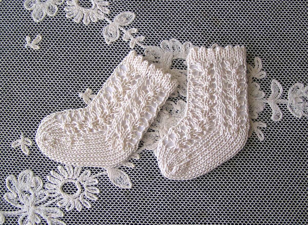 手編みコットンソックス*ベージュ　4cm+_画像1