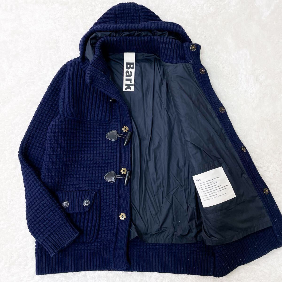 美品/希少XL バーク ニット 編み込み リブ編み ダッフルコート ロングコート 2way トグルボタン ウール ネイビー 濃紺 極暖 アウター BARK_画像1