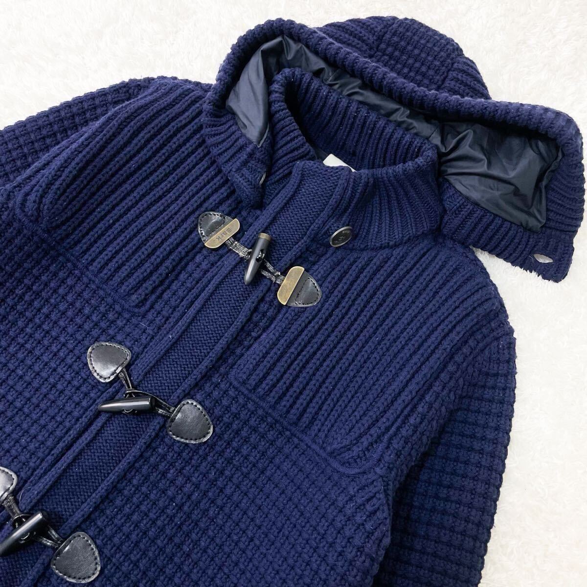 美品/希少XL バーク ニット 編み込み リブ編み ダッフルコート ロングコート 2way トグルボタン ウール ネイビー 濃紺 極暖 アウター BARK_画像3