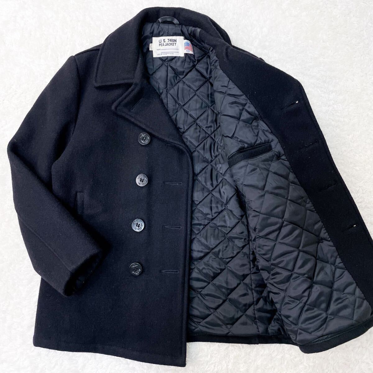 美品/希少XL ショット 中綿 キルティング裏地 ピーコート Pコート ジャケット メルトンウール ダークネイビー 濃紺 40 USA 秋冬 Schott_画像1