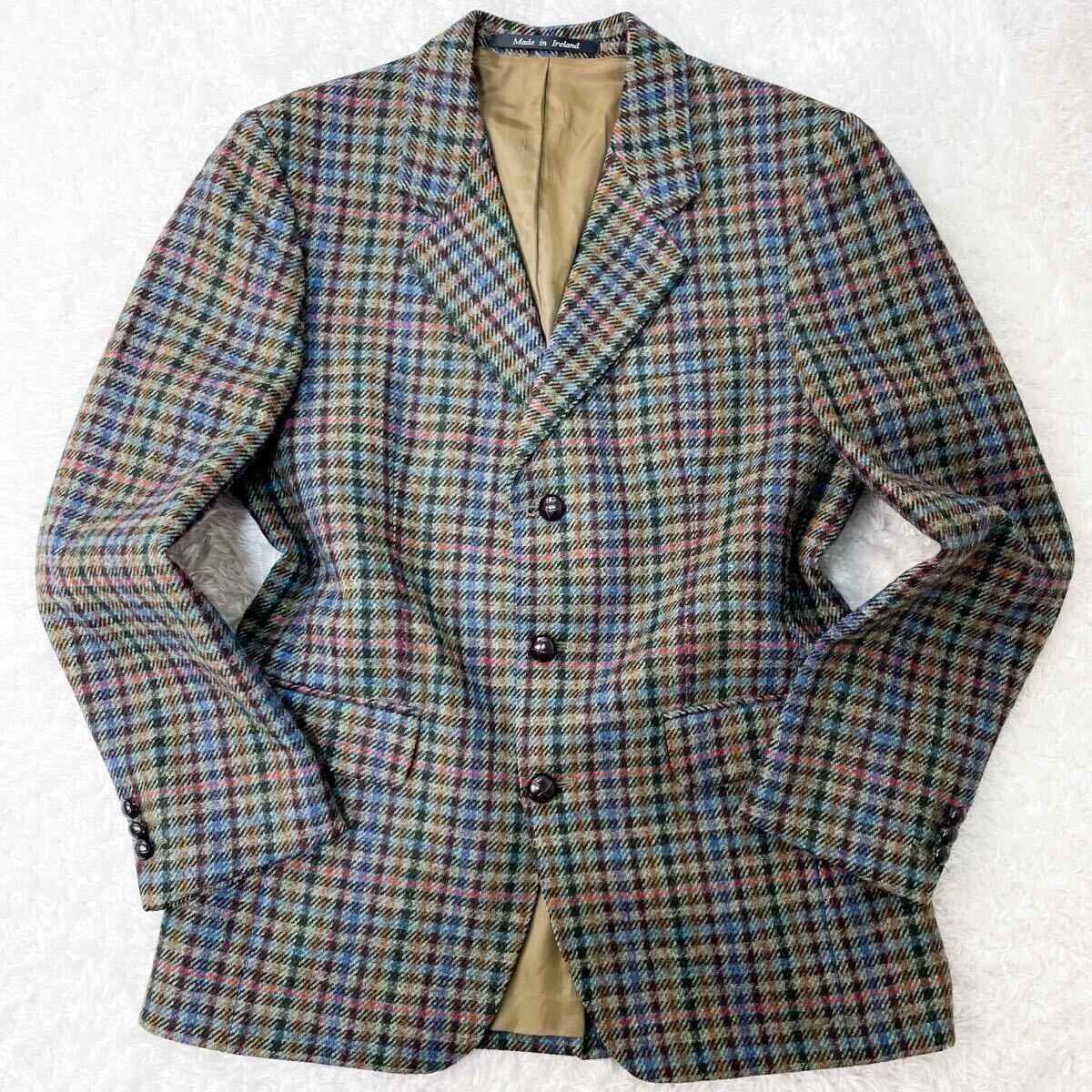 極美品 ドネガルツイード Donegal Tweed生地 ジェラード GERRARD マルチチェック くるみボタン テーラードジャケット M〜L アイルランド製_画像2