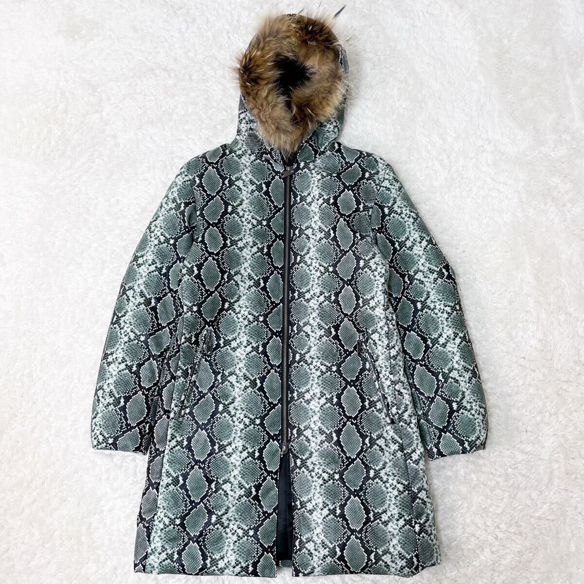 極美品/パイソン柄 ガルニエ ダウンジャケット ダウンコート ブルゾン フェイクレザー ファー フード 中綿 M〜L相当 グリーン 緑 GARNIER_画像2