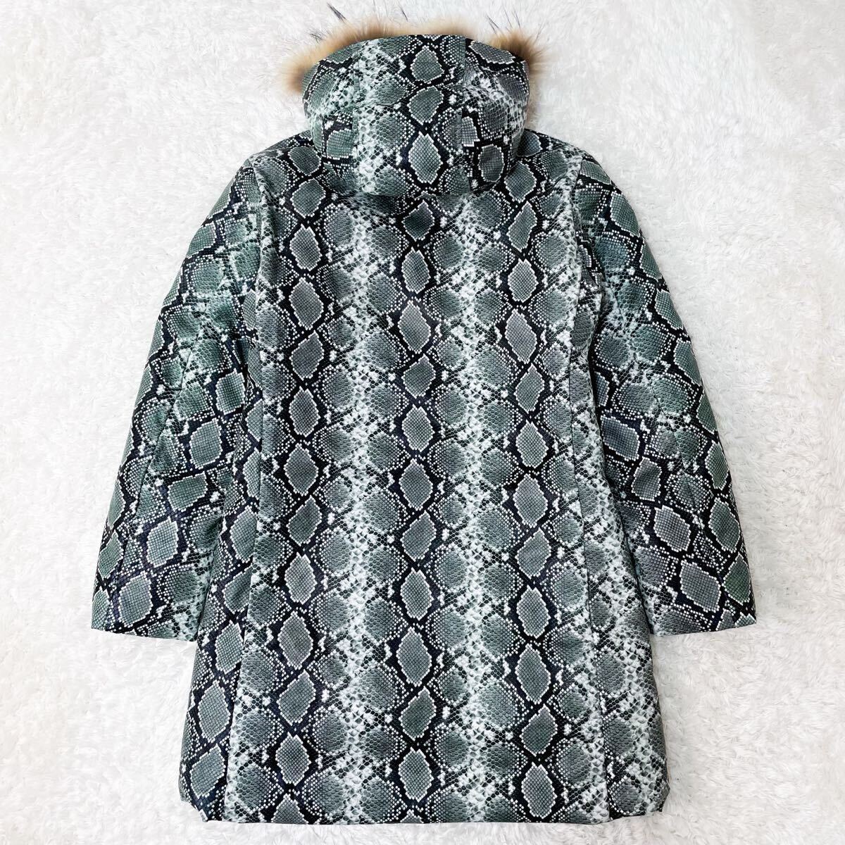 極美品/パイソン柄 ガルニエ ダウンジャケット ダウンコート ブルゾン フェイクレザー ファー フード 中綿 M〜L相当 グリーン 緑 GARNIER_画像6