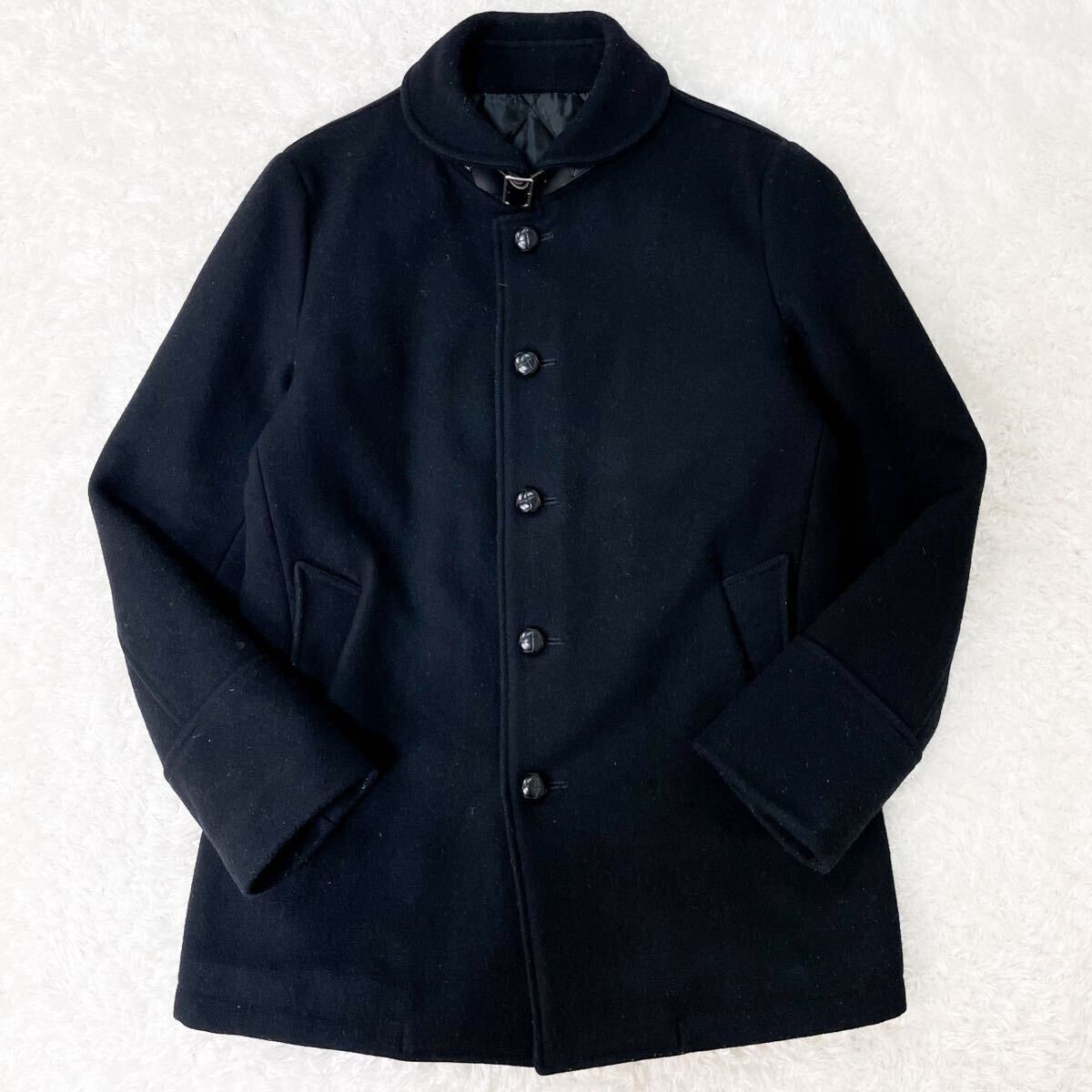 美品/希少L シップス くるみボタン キルティング ダウンジャケット マリンコート ウールコート ブルゾン 中綿 メルトン ブラック 黒 SHIPS _画像2