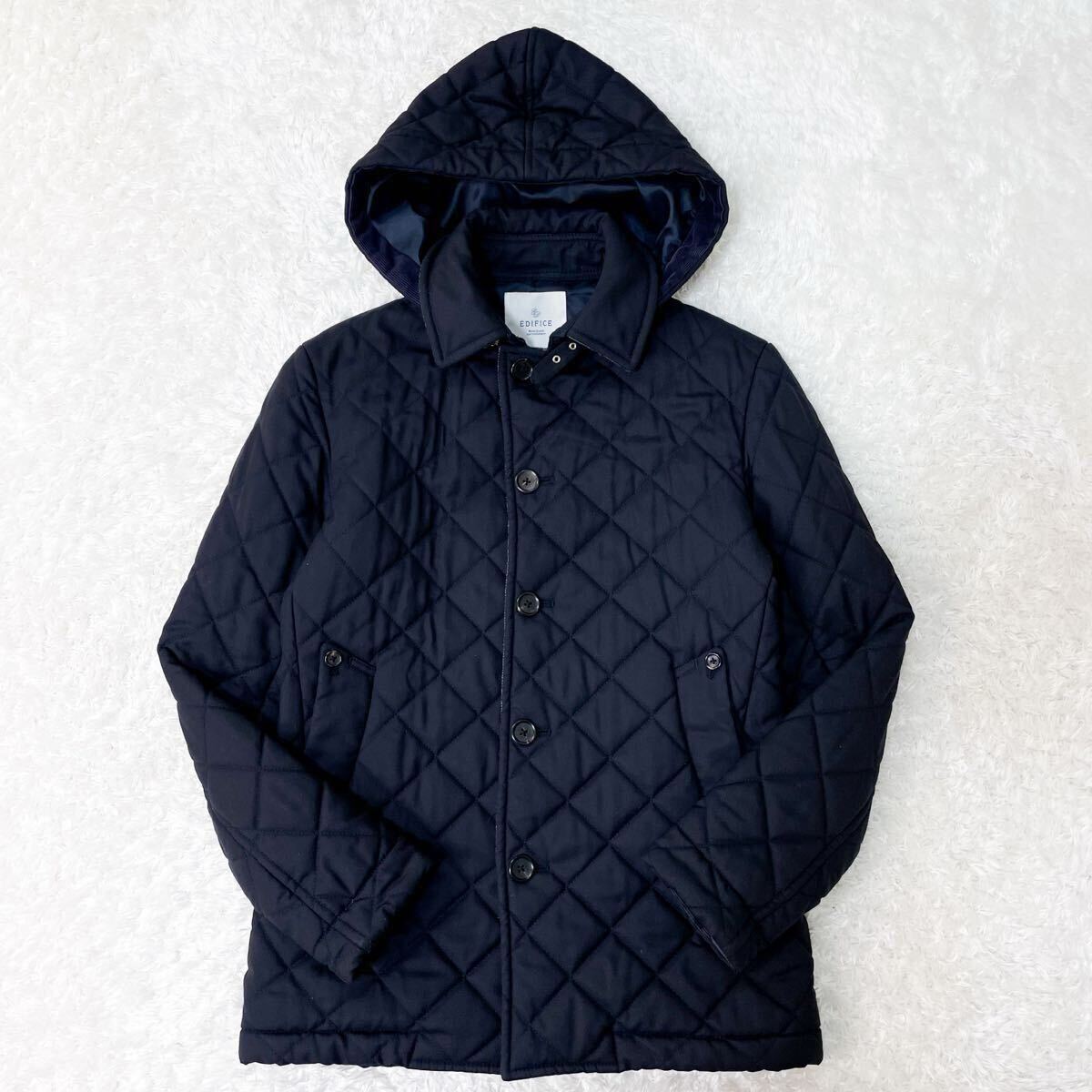 美品/シルク混 エディフィス キルティングコート ダウンジャケット 裏ヘリンボーン 2way ツイードウール 中綿 M 44 ネイビー 濃紺 EDIFICE _画像2