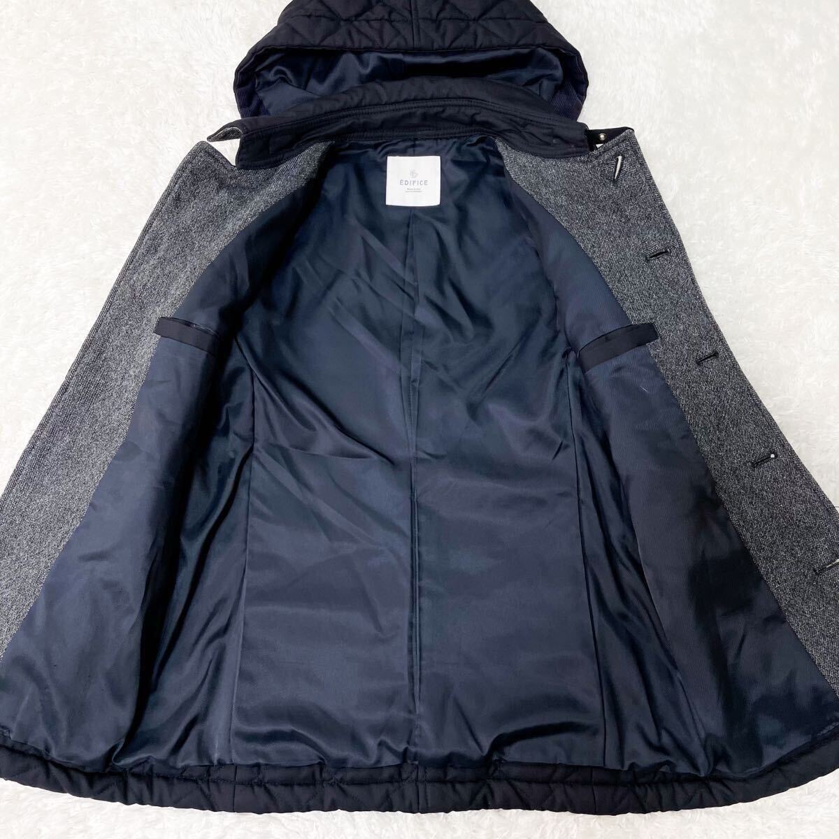 美品/シルク混 エディフィス キルティングコート ダウンジャケット 裏ヘリンボーン 2way ツイードウール 中綿 M 44 ネイビー 濃紺 EDIFICE _画像5