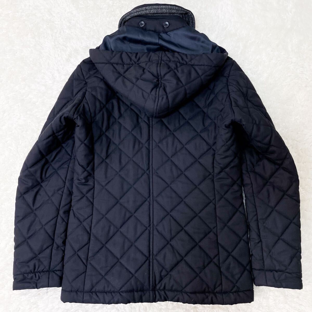 美品/シルク混 エディフィス キルティングコート ダウンジャケット 裏ヘリンボーン 2way ツイードウール 中綿 M 44 ネイビー 濃紺 EDIFICE _画像6
