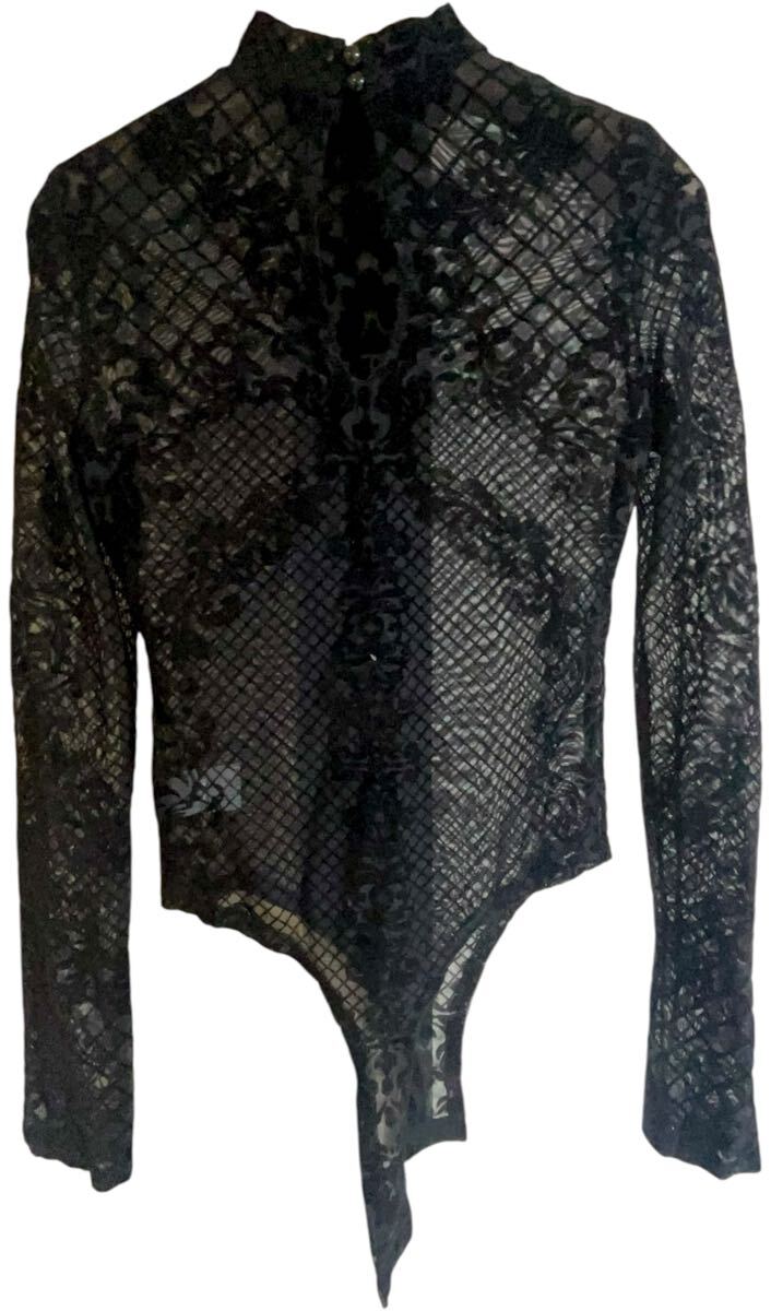 【LVEU.】レースデザインボディスーツ カットソー ストレッチ レース メッシュ ベロア ボタニカル柄 _画像2