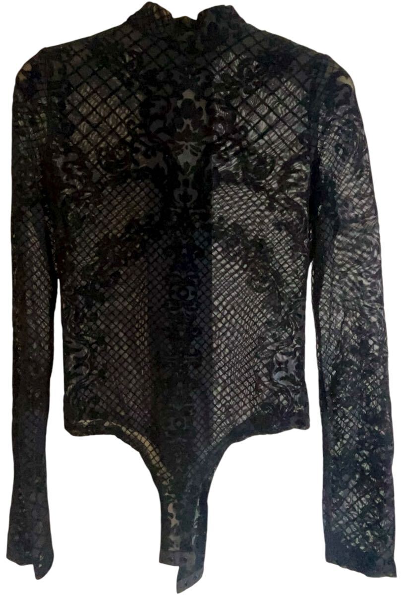 【LVEU.】レースデザインボディスーツ カットソー ストレッチ レース メッシュ ベロア ボタニカル柄 _画像1