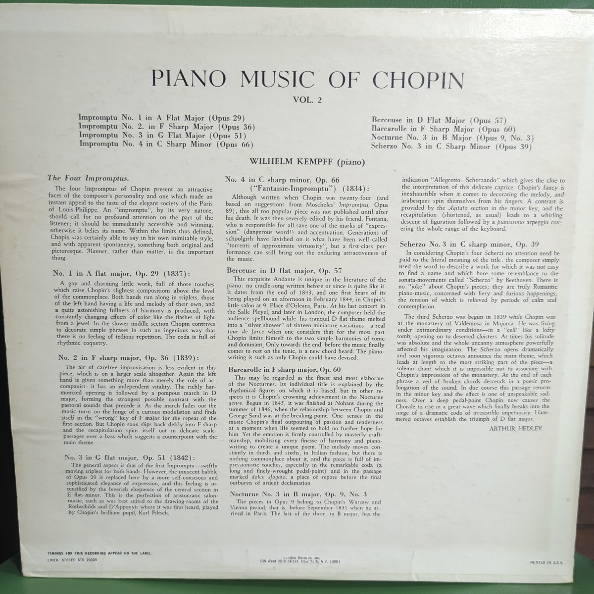 米London(英プレス) ケンプ/ショパン/即興曲(全4曲)、子守歌、舟歌、スケルツォ3番/1958年/橙銀ラベル_画像2