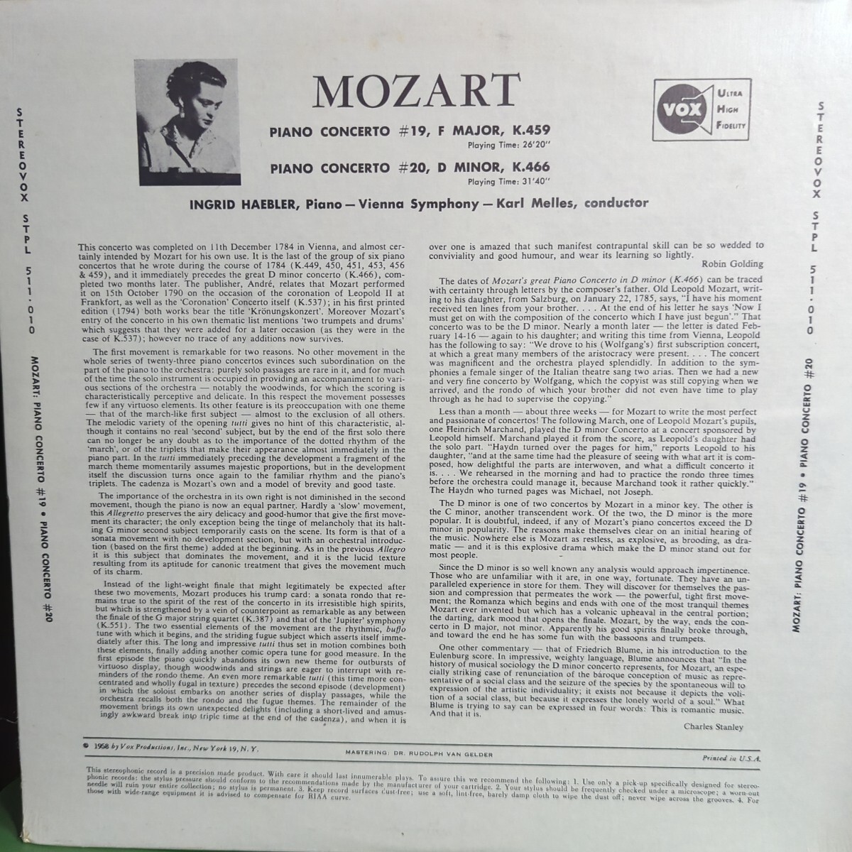 未開封！米盤VOX ヘブラー／モーツァルト／ピアノ協奏曲 第19番、20番／メレス指揮／ウィーン響／1958年_画像2