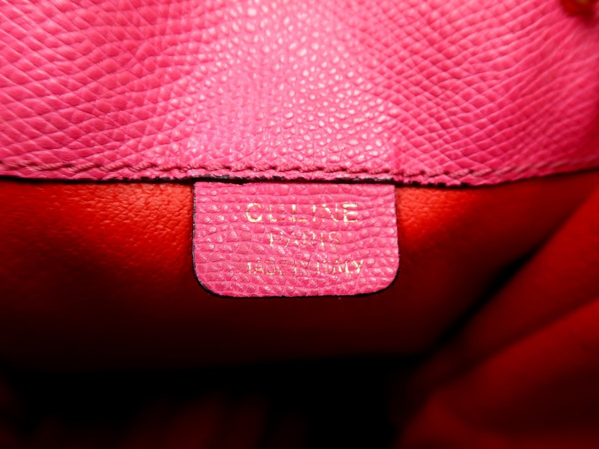 ●超美品●CELINE セリーヌ●ロゴ型押し●カーフ レザー 本革●巾着 ショルダー バッグ●ピンク●ゴールド金具●ヴィンテージ●Js62806_画像7