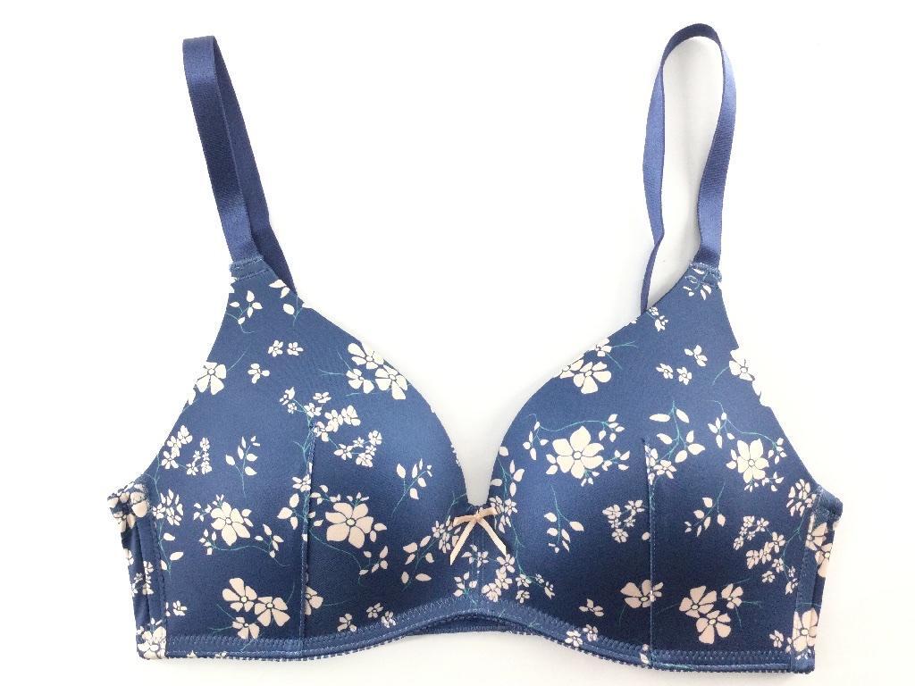 ブラジャー ノンワイヤー モールドカップ フラワープリント柄 L ネイビー 送料250円_画像1