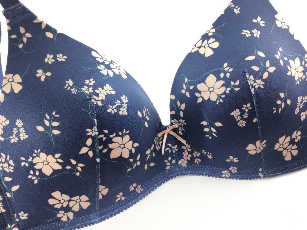 ブラジャー ノンワイヤー モールドカップ フラワープリント柄 L ネイビー 送料250円_画像2