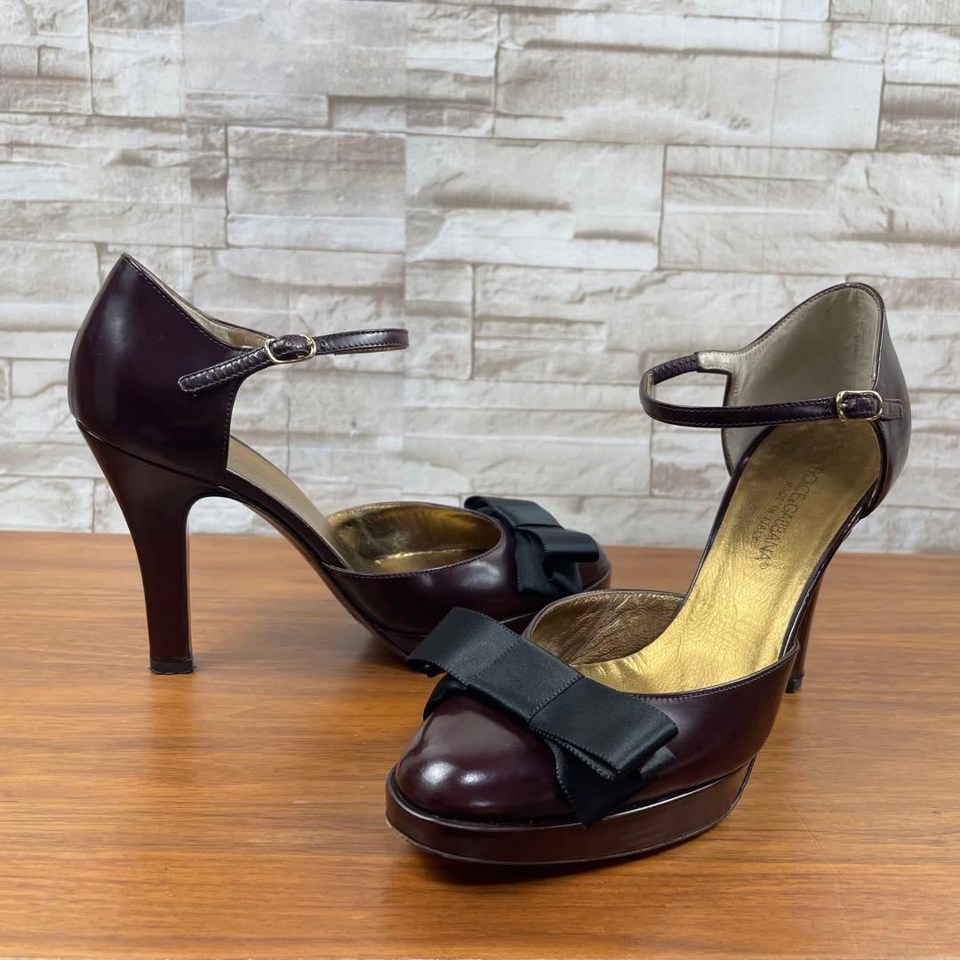 【美品】ドルチェ&ガッバーナ★アンクルストラップ　パンプス　リボン　プラム　35_画像2