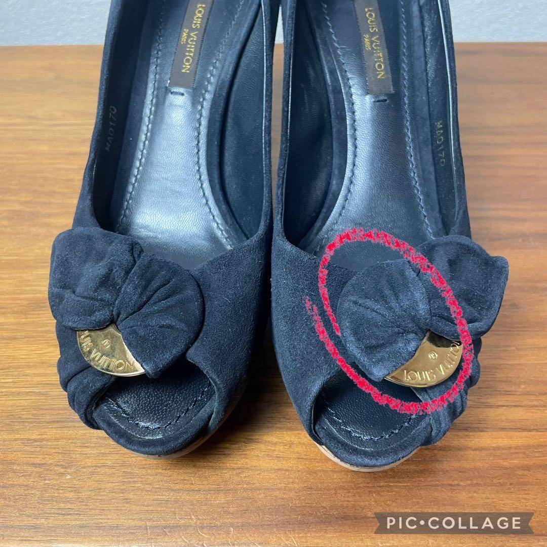 【美品】ルイヴィトン★パンプス　オープントゥ　黒　ゴールドロゴ　リボン　35_画像10