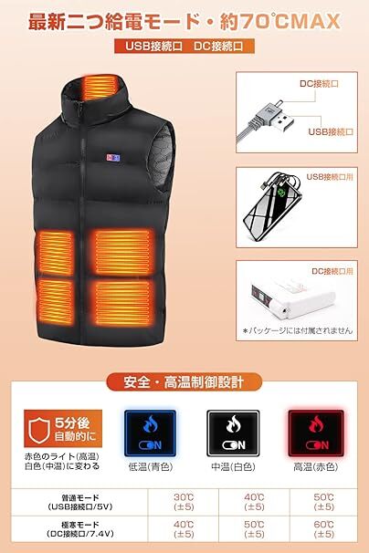 電熱ベスト 30000mAhバッテリー付き 【11箇所発熱＆取り外しフード付き】 加熱ベスト 2WAY給電 Mサイズ_画像4