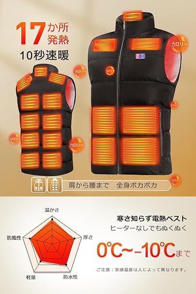 電熱ベスト 加熱ベスト 【17箇所発熱 3段階温度調整】 ヒーターベスト USB給電 前後独立スイッチ 日本製繊維ヒーター Lサイズ　ブラック_画像2
