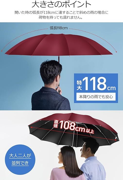 超大サイズ 12本骨 折りたたみ傘 ワンタッチ自動開閉 メンズ傘 大きい 逆折り式 折り畳み傘 風に強い 耐風撥水 丈夫耐久 折りたたみ日傘_画像3