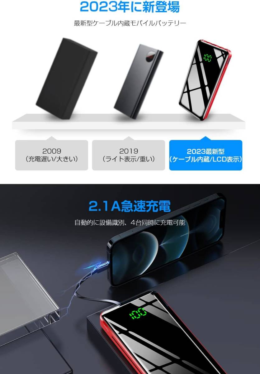 モバイルバッテリー 大容量 30000mAh 4本ケーブル内蔵 4台同時充電 急速充電 バッテリー スマホ充電器 残量表示 LEDライト付き PSE認証済み_画像6