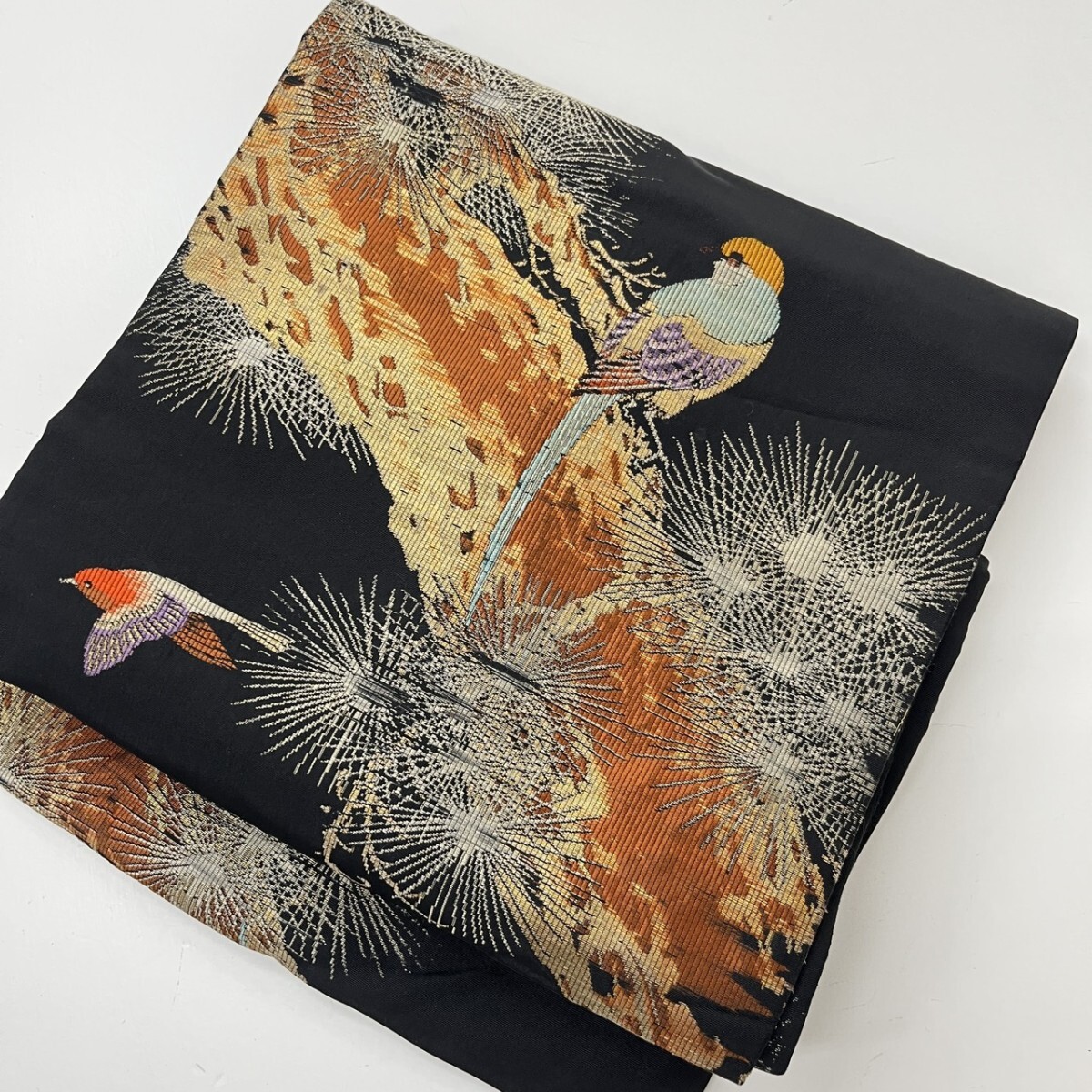 【楓】アンティーク名古屋帯 正絹 枝に鳥 九寸 KK-2310_画像5