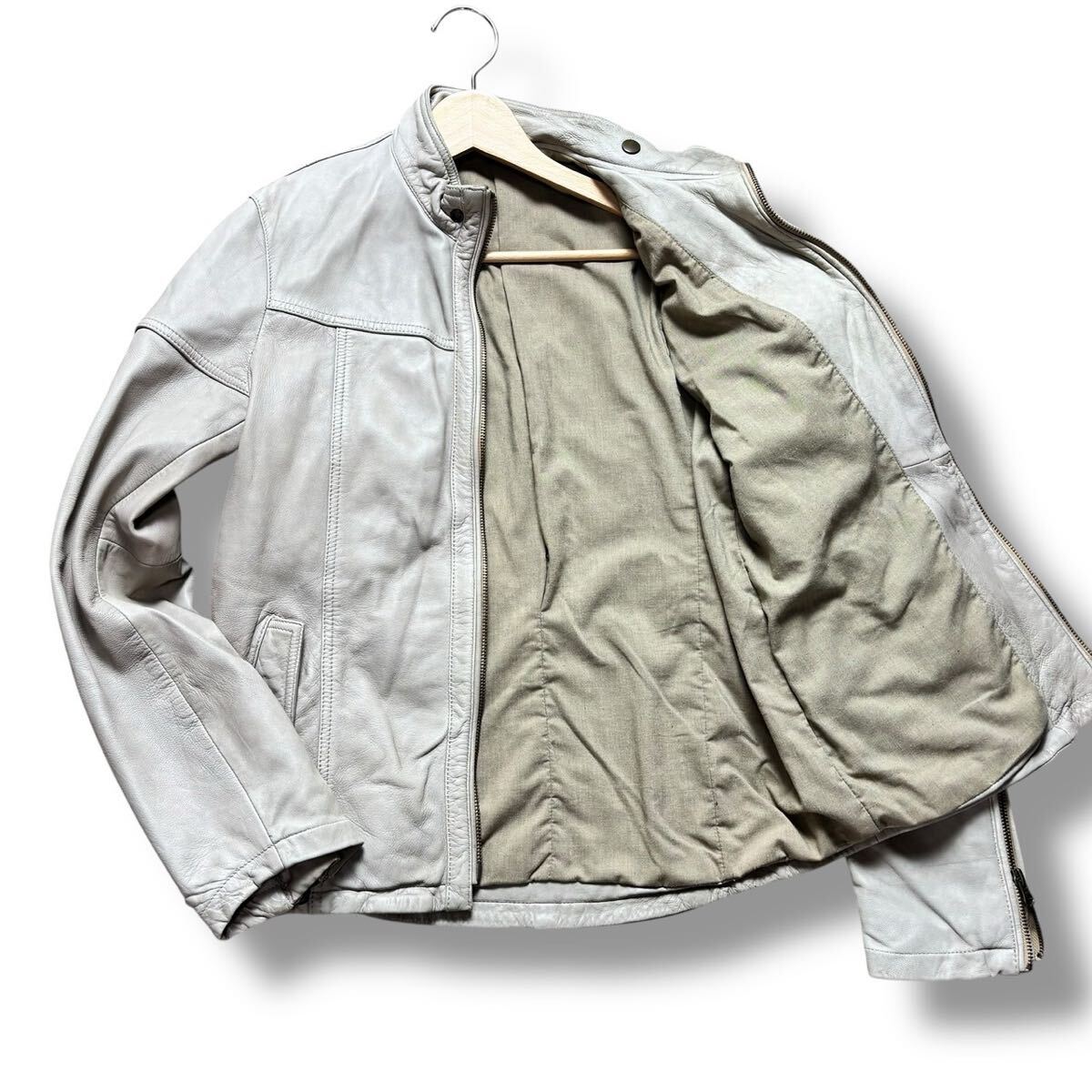 【美品】MONSIEUR NICOLE ムッシュニコル レザージャケット シングルライダース 羊革 シープスキン ホワイトベージュ メンズ 46(M相当)_画像1