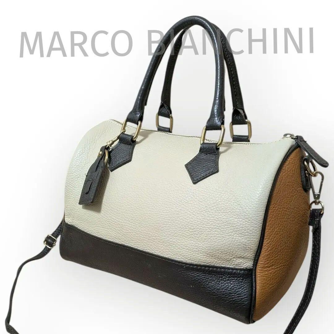 1円スタート【マルコビアンキーニ】2way ショルダーバッグ ハンドバッグ ミニボストン レザー 本革バイカラー MARCO BIANCHINI 白 ネイビー_画像1
