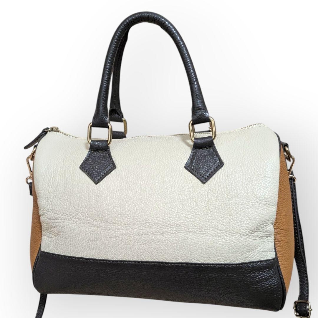 1円スタート【マルコビアンキーニ】2way ショルダーバッグ ハンドバッグ ミニボストン レザー 本革バイカラー MARCO BIANCHINI 白 ネイビー_画像2