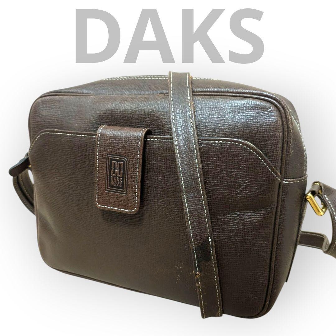 1円〜【DAKS】ダックス レザー ショルダーバッグ カメラバッグ ブラウン 肩掛け クロスボディ ヴィンテージ 鞄バック ハウスチェック_画像1