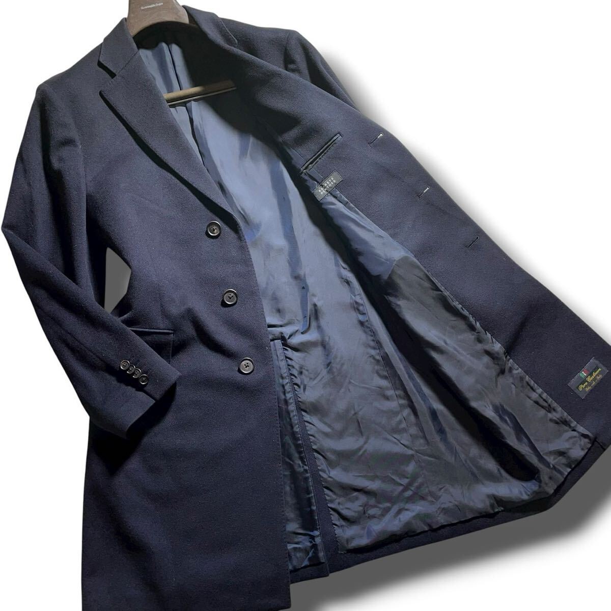【未使用級 希少XL位 繊維の宝石カシミヤ100%】BARNEYS NEWYORK バーニーズニューヨーク チェスターコート ロング丈 アウター ブルゾン 紺_画像1
