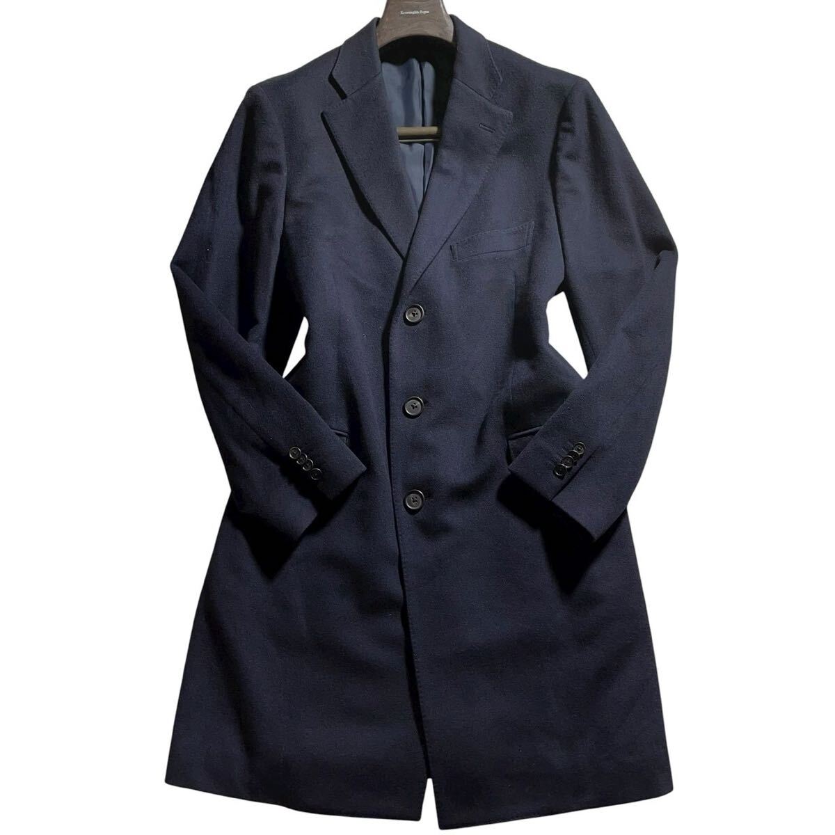 【未使用級 希少XL位 繊維の宝石カシミヤ100%】BARNEYS NEWYORK バーニーズニューヨーク チェスターコート ロング丈 アウター ブルゾン 紺_画像2