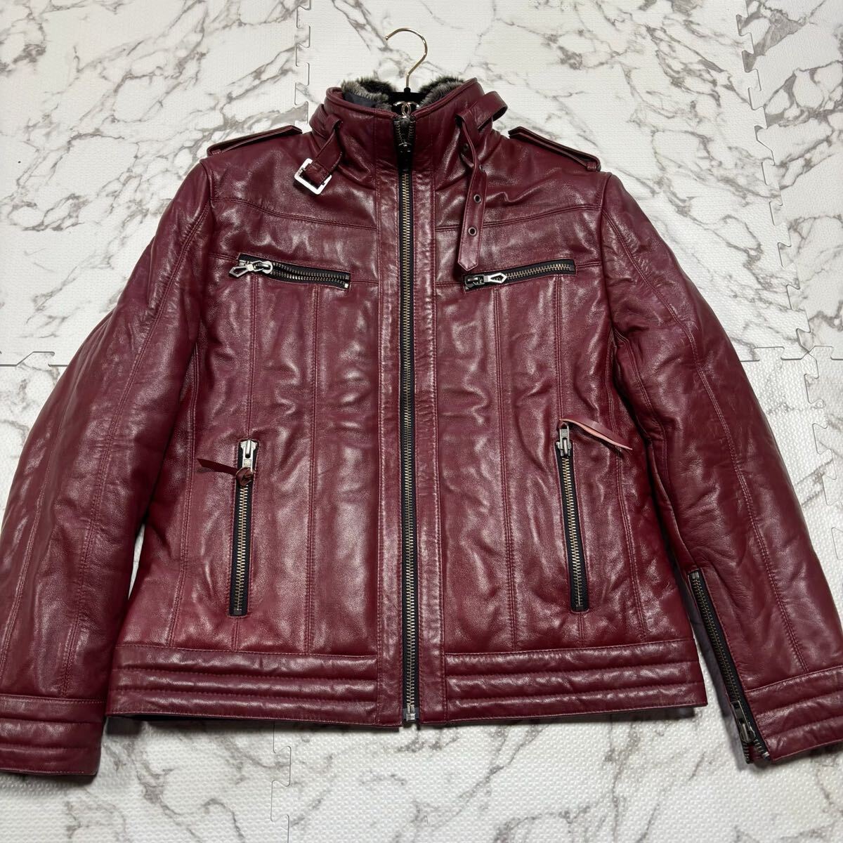 【未使用級 希少色 XL】 Liugoo Leathers リューグーレザーズ シングルライダース ラムレザー ファー 羊革 ボルドー ブルゾン アウター LL_画像3