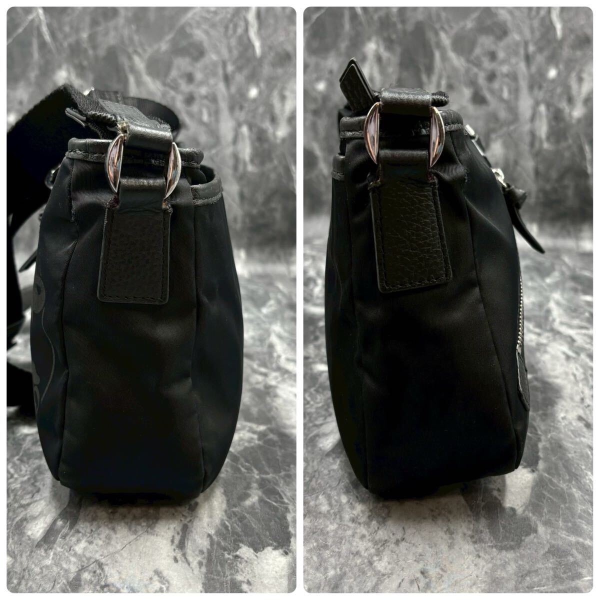 HUNTING WORLD ハンティングワールド ショルダーバッグ サコッシュ 斜め掛け クロスボディ メンズ ロゴ レザー ナイロン ジップ ブラック _画像4