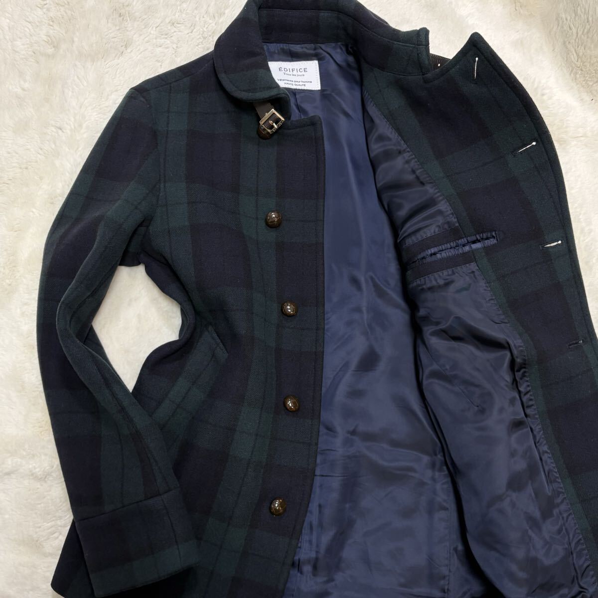 【未使用級/希少グリーン/L相当】 EDIFICE エディフィス マリンコート 肉厚 レザー ベルト ピーコート くるみボタン アウター ブルゾン 48_画像1