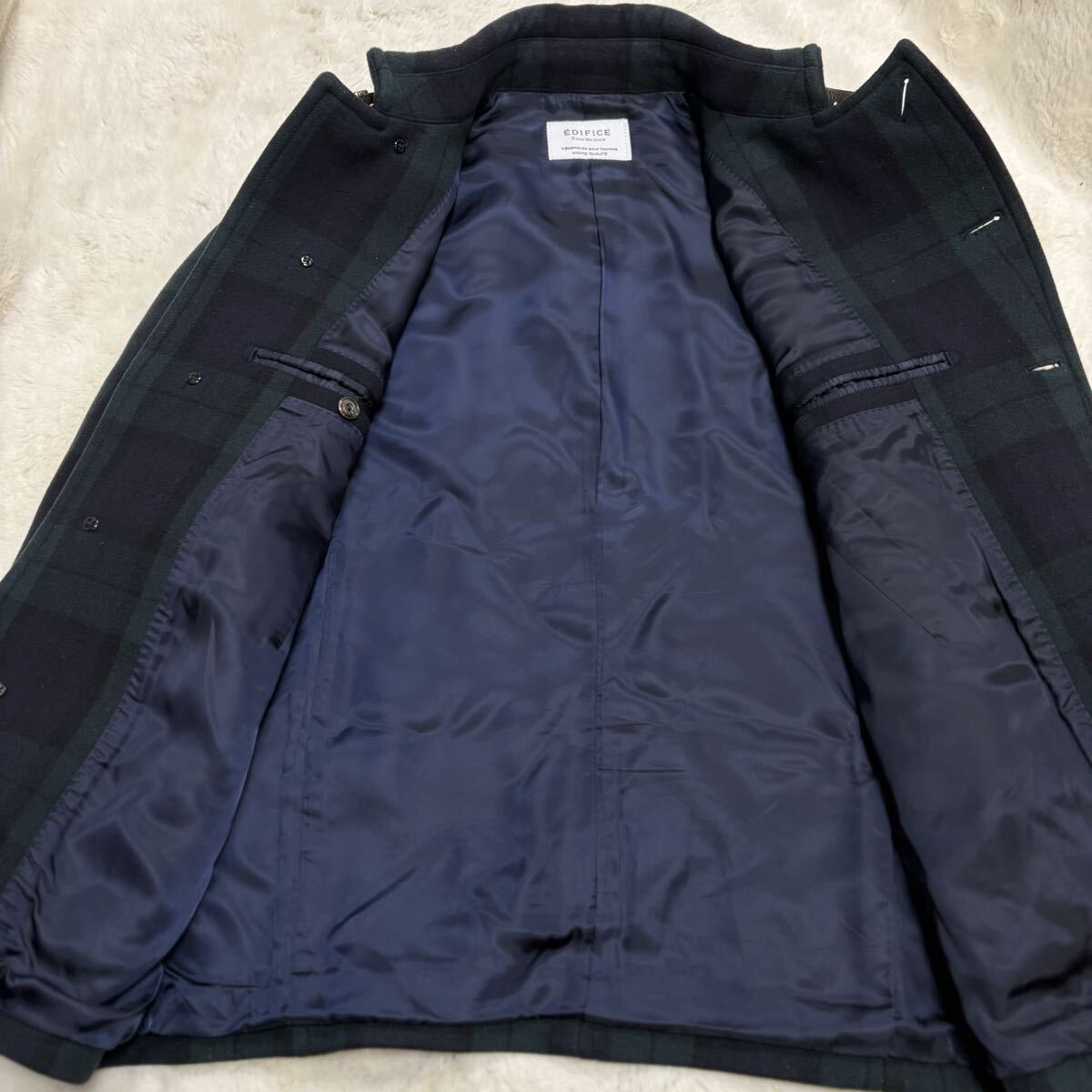 【未使用級/希少グリーン/L相当】 EDIFICE エディフィス マリンコート 肉厚 レザー ベルト ピーコート くるみボタン アウター ブルゾン 48_画像2