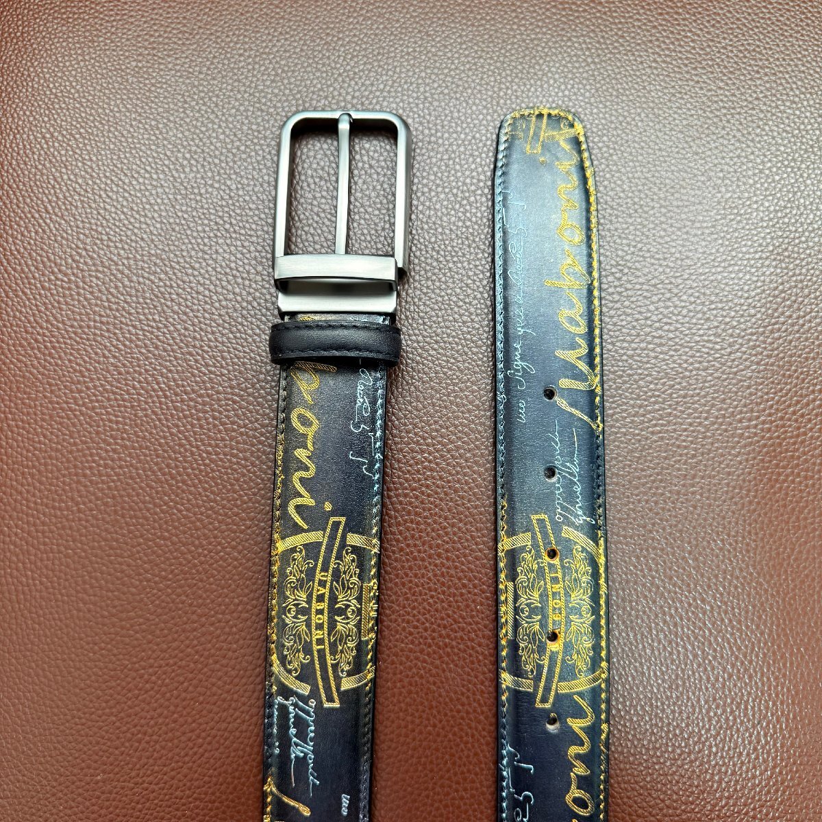 貴重品 EU製 定価9万◆UABONI*ユアボニ*幻のパティーヌ*ベルト◆本革 カーフスキン 手染 ゴールデン 調節可能 ビジネス 紳士 ベルルッティ_画像6