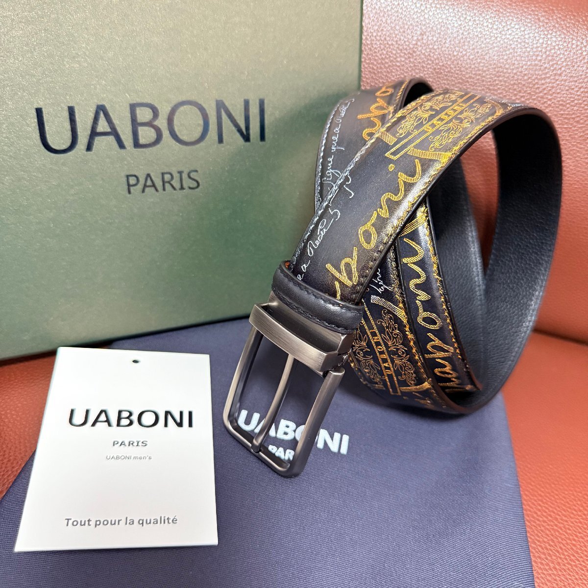 貴重品 EU製 定価9万◆UABONI*ユアボニ*幻のパティーヌ*ベルト◆本革 カーフスキン 手染 ゴールデン 調節可能 ビジネス 紳士 ベルルッティ_画像1