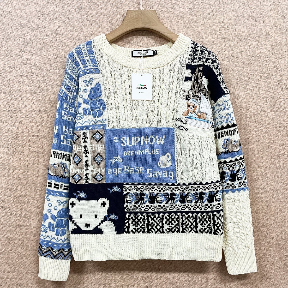 個性 ヨーロッパ製※定価5万◆ブルガリア発※RISELIN セーター ニット 上質 ソフト 暖かい 遊び心 総柄 刺繍 トップス クリスマス XL/50_画像1