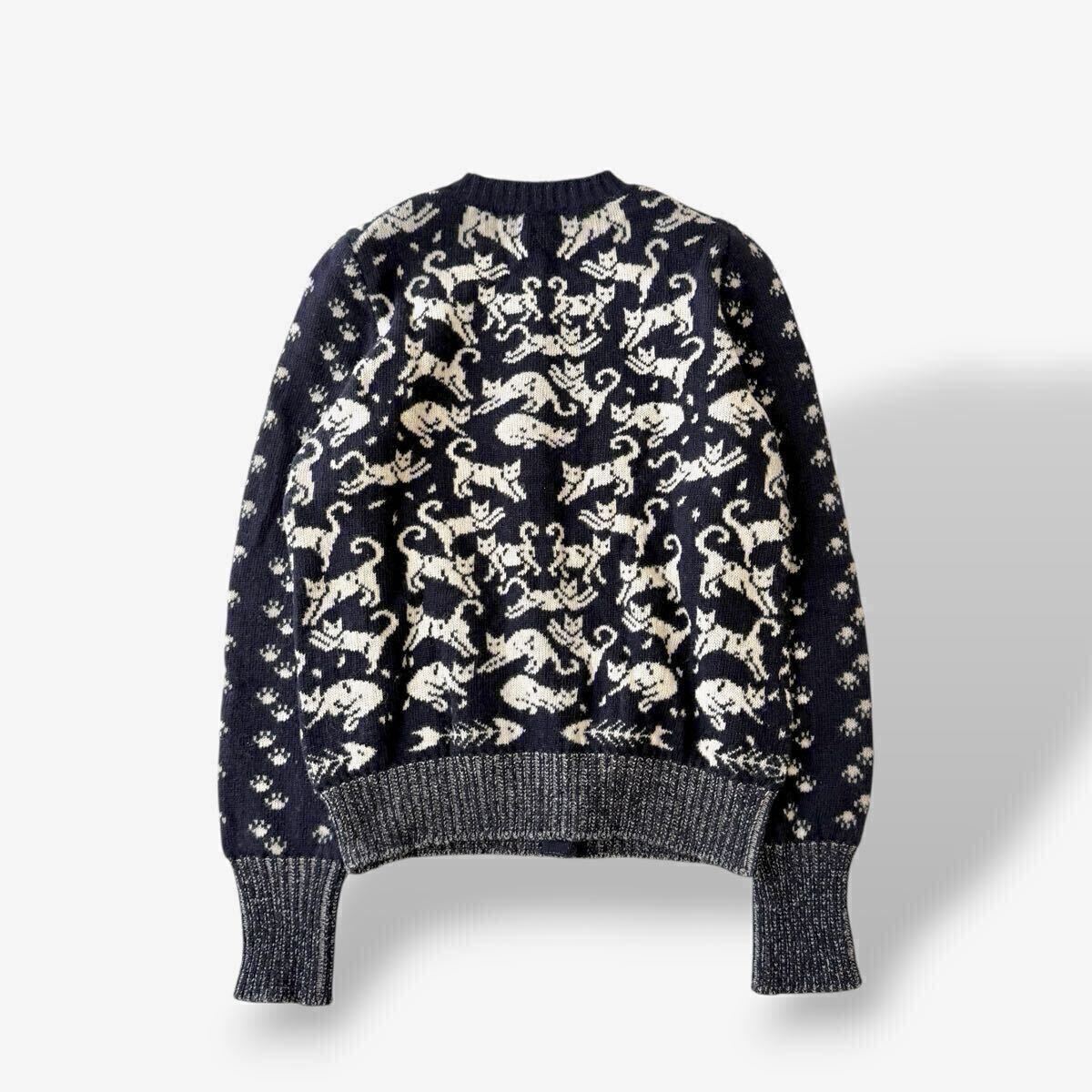 希少SEE BY CHLO 猫柄 ジャガード ニットカーディガン イタリア製 ヴァージンウール100% 濃紺 Sサイズ相当_画像2