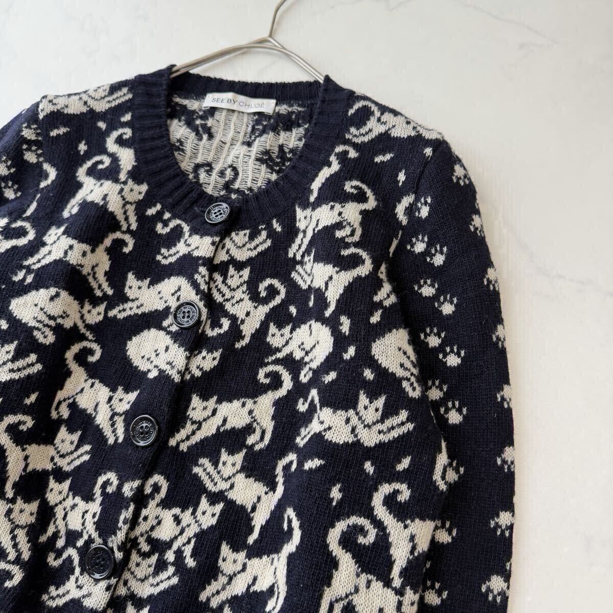 希少SEE BY CHLO 猫柄 ジャガード ニットカーディガン イタリア製 ヴァージンウール100% 濃紺 Sサイズ相当_画像3
