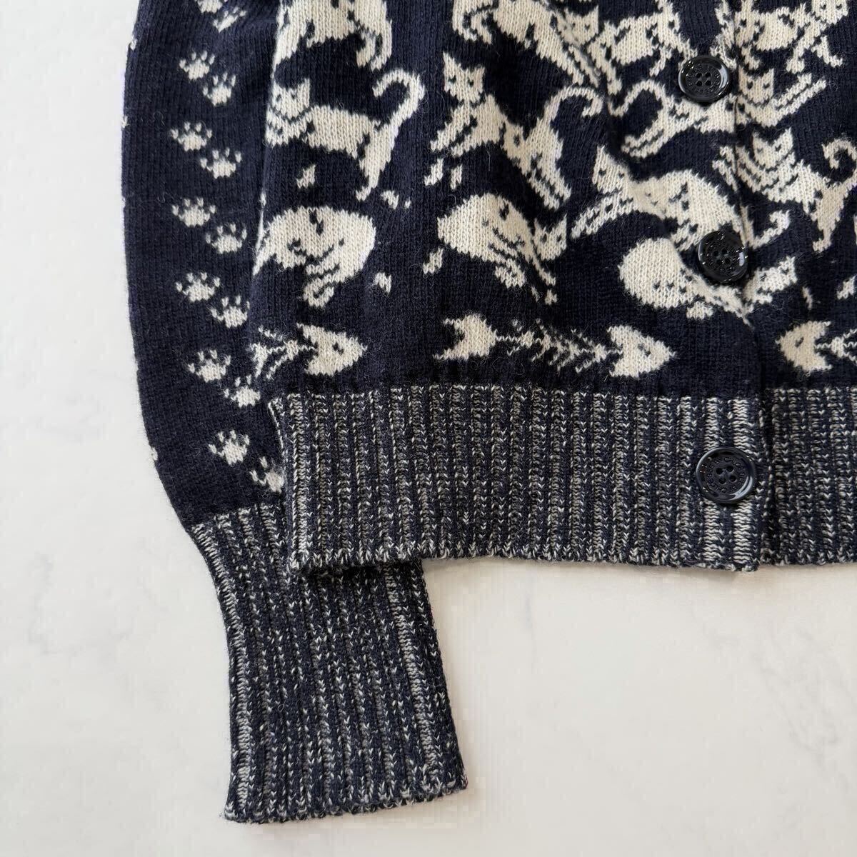 希少SEE BY CHLO 猫柄 ジャガード ニットカーディガン イタリア製 ヴァージンウール100% 濃紺 Sサイズ相当_画像4