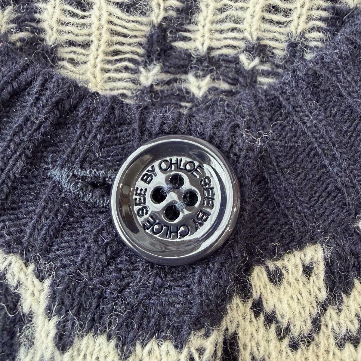 希少SEE BY CHLO 猫柄 ジャガード ニットカーディガン イタリア製 ヴァージンウール100% 濃紺 Sサイズ相当_画像5