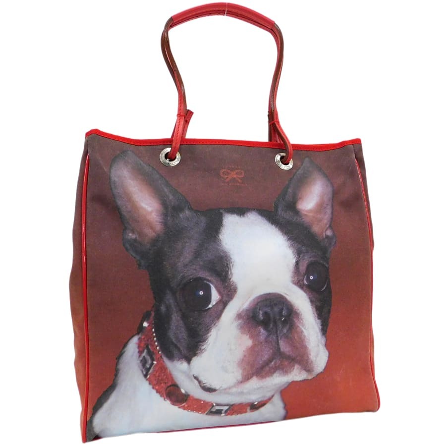 アニヤハインドマーチ ハンドバッグ キャンバス×エナメル レッド系 犬モチーフ 手提げ ANYA HINDMARCH_画像1