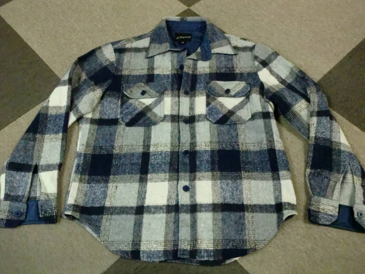 80s JCPenny CPOシャツ M ネルシャツ ヴィンテージ チェック アメカジ ペニーズ ストアブランド シャツ 錨ボタン 紺グレー白_画像1