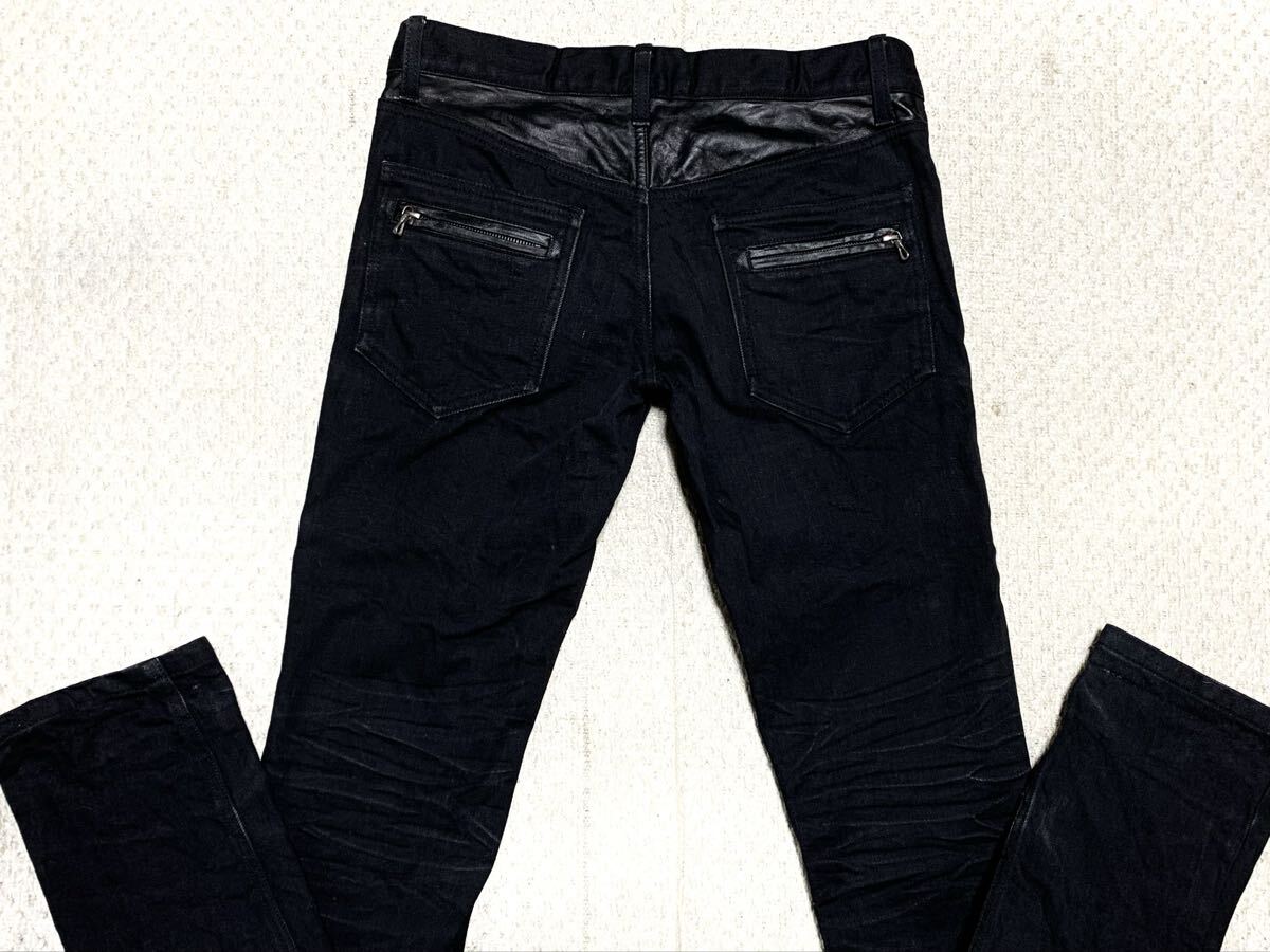 SHELLAC(シェラック).スキニー デニム 46(顔料 ブラック/シワ加工/一部 ラムレザー/W83股下95/日本製/V系/5351 tornado mart type)_画像4